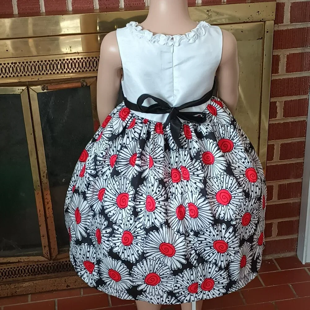 American Princess Floral Dress 5 Girls Sleeveless Red Black Daisy Ruffle Neck